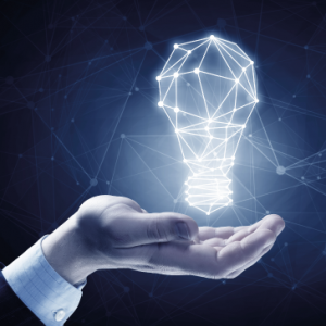 Grafika promująca konkurs Energa Open Innovation 2017 – zarys rozświetlonej żarówki  unosząca się nad dłonią