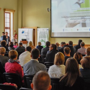 Konferencja. Uczestnicy spotkania siedzą na krzesłach, jeden z prelegentów wygłasza prezentację